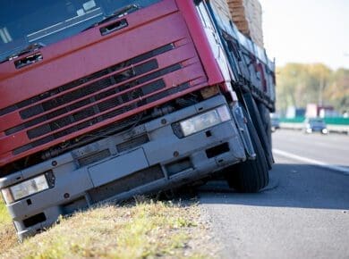 Truck accident. Lorry trailer car lost control, left interstate road and plunges into ditch