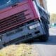 Truck accident. Lorry trailer car lost control, left interstate road and plunges into ditch