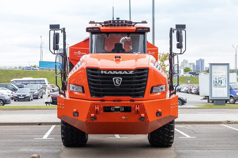 KAMAZ-6561 Hercules - hybrid mining dump truck, front view. Self-driving truck for heavy mining work. International Commercial Vehicles Show Comtrans 2021. Moscow, Russia - September 7-11, 2021