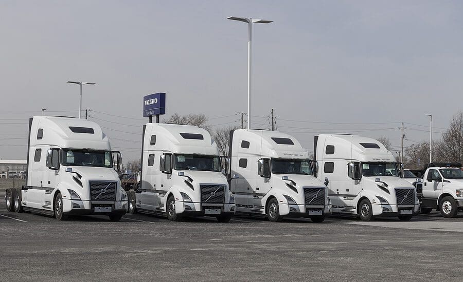 Indianapolis - Circa March 2022: Volvo Semi Tractor Trailer Truck display at a dealership. Volvo Trucks is one of the largest truck manufacturers.