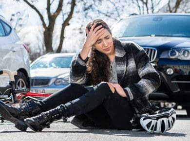 Injured woman sitting in the street holds her head after a bicycle accident involving a reckless driver