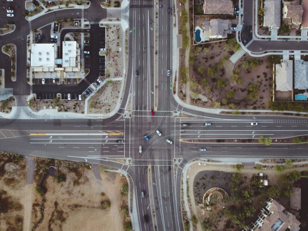 Aerial view of an intersection with a four-way stop