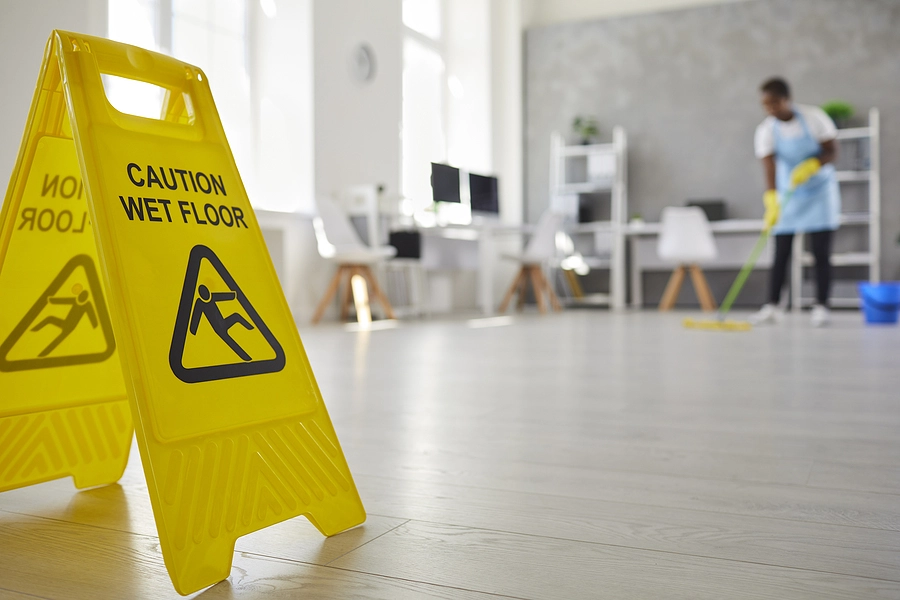 work mopping the floor in a kenneth city office with a wet floor sign out to avoid slip and fall accidents